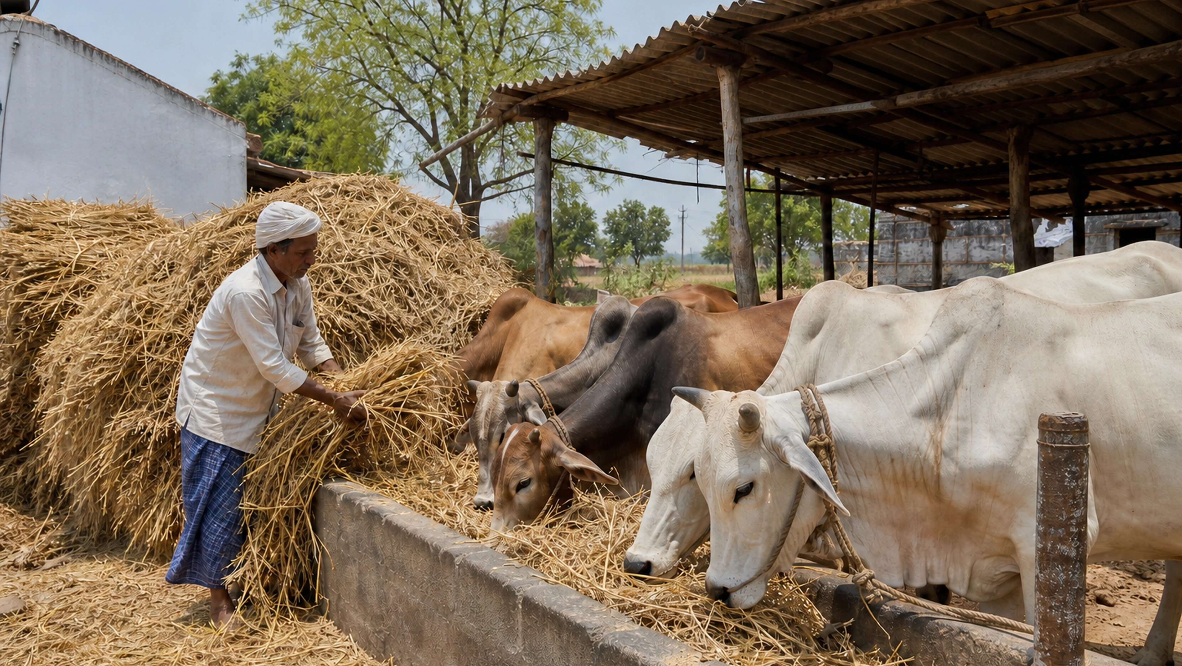 Farmer feeding cattle with rice straw