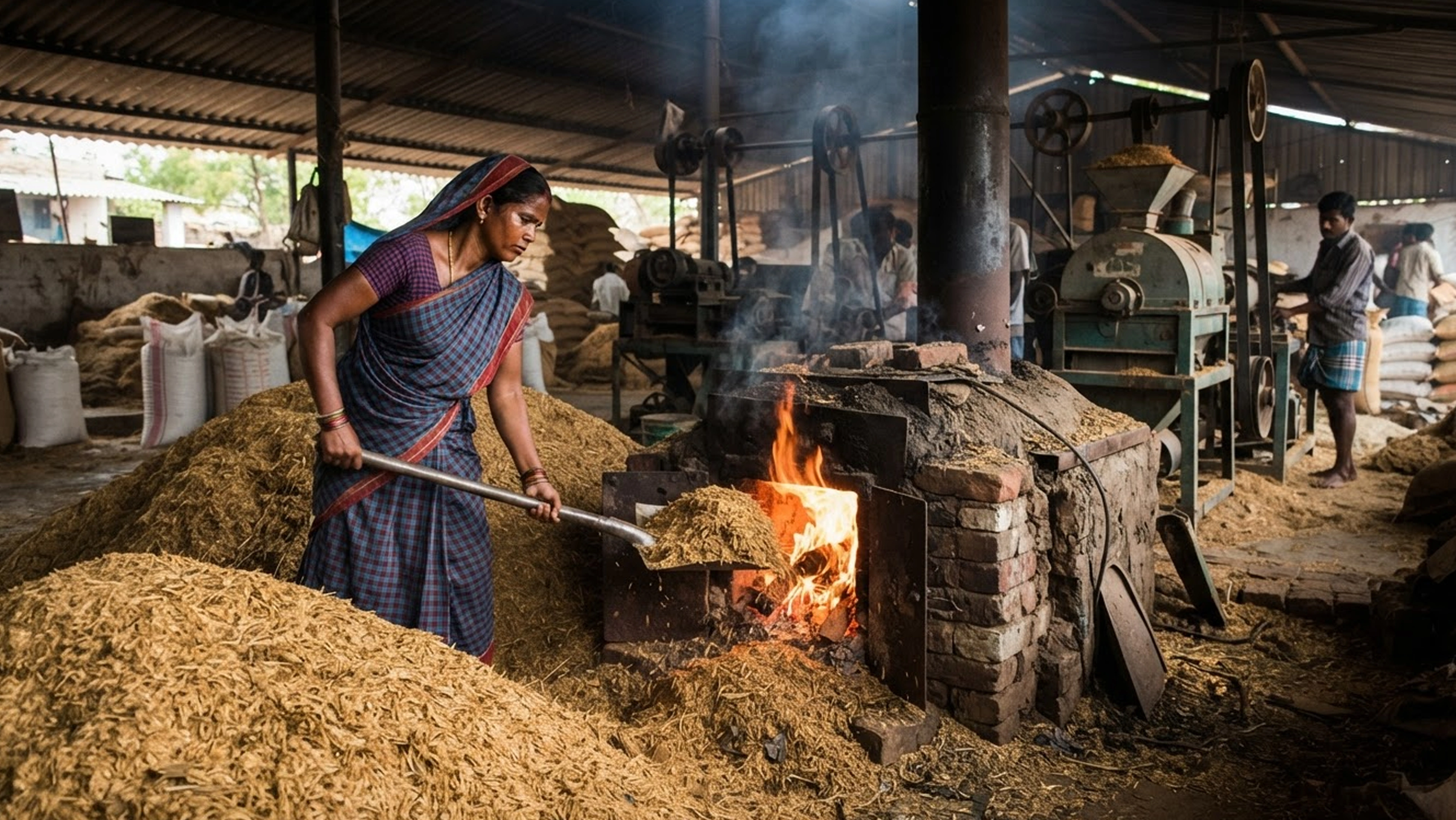 Woman shoveling husk to fuel the mill