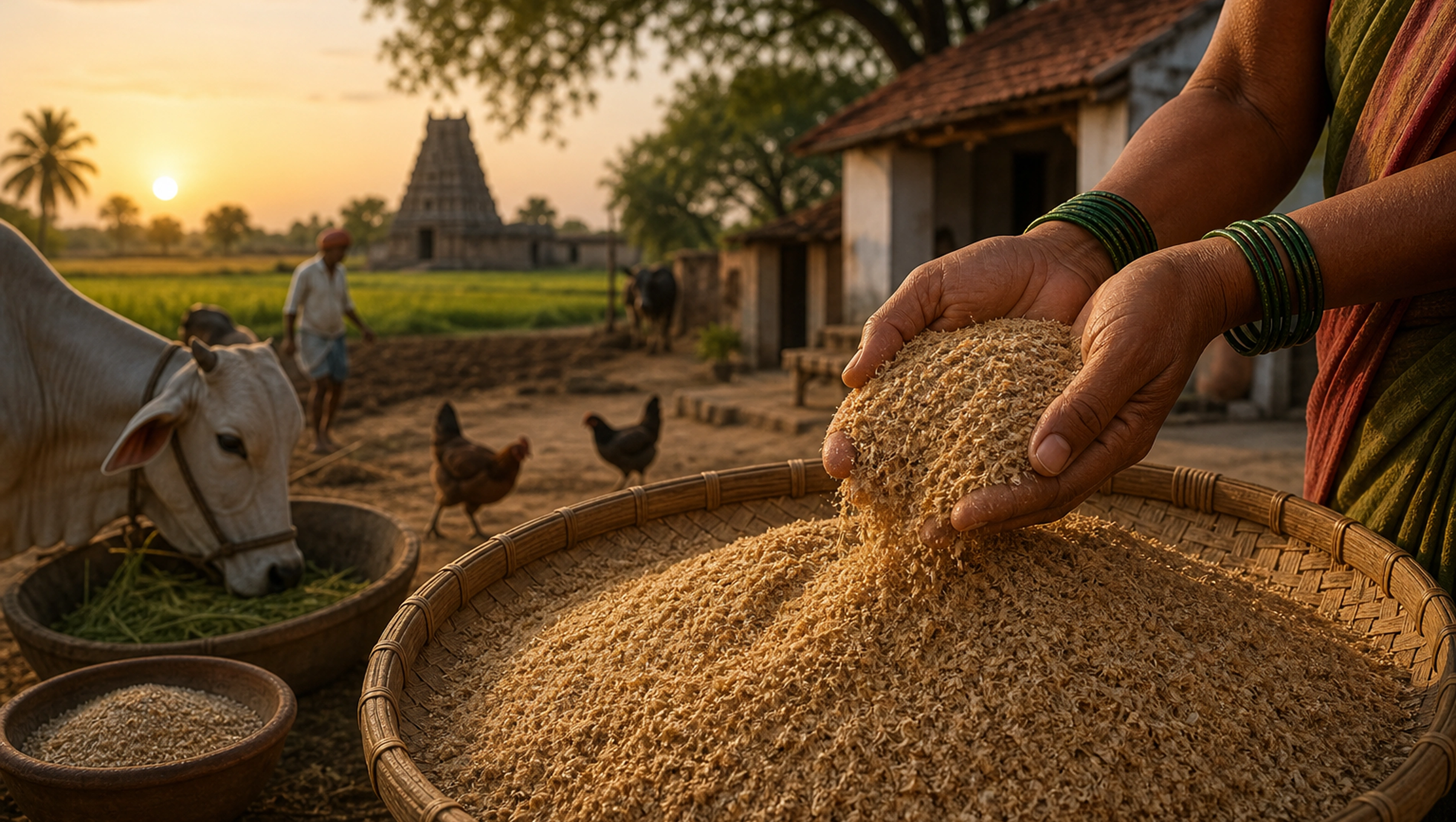 Hands holding nutritious rice bran